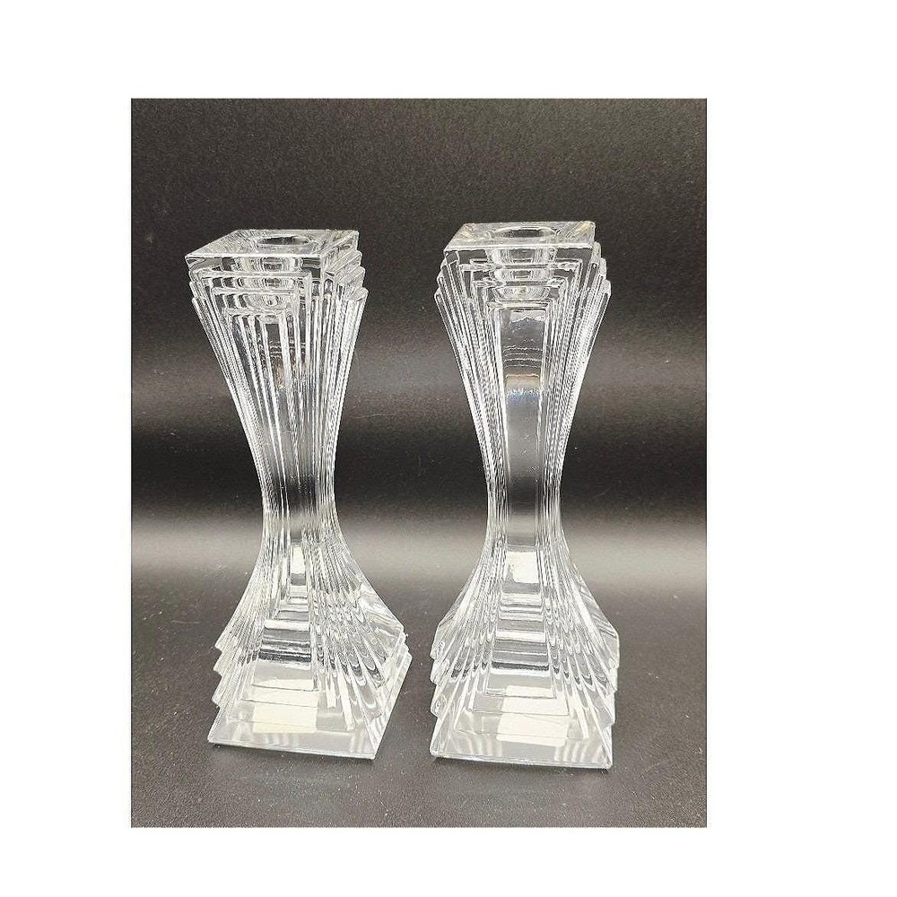 Mikasa City Lights Crystal Candleholders Glass Chunky Candlestick Luxury 7" Pair